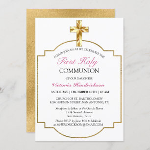 Invitation Elegant Pink Gold Cross First Holy Communion