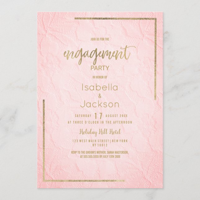 Invitation Elegant pink gold french floral lace Engagement  (Devant)