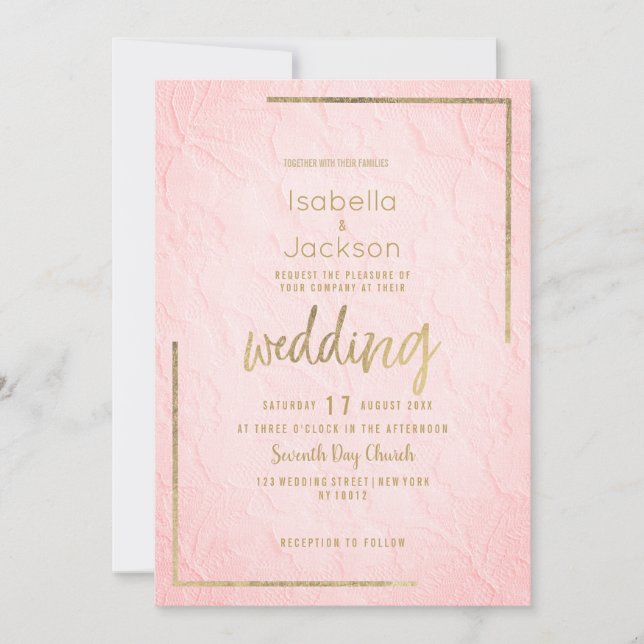 Invitation Elegant pink gold french floral lace Wedding (Devant)