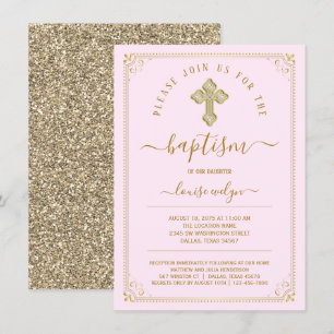 Invitation Élégant Pink Gold Girl Baptism
