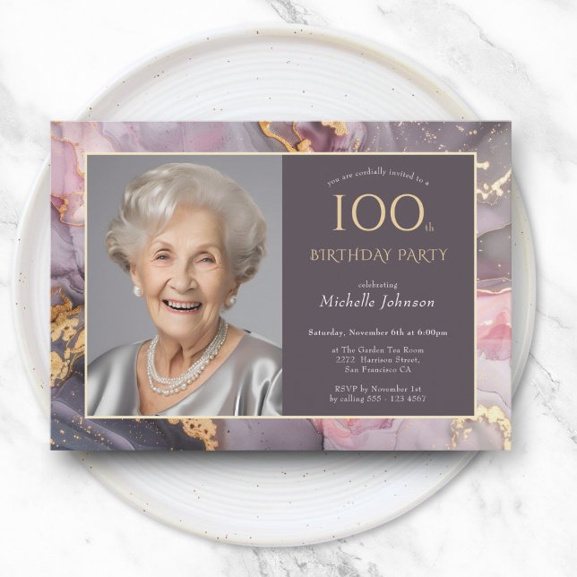 Invitation Elégant Pink Gold Photo 100e anniversaire (Elegant Pink Gold Photo 100th Birthday Invitation)