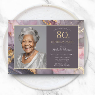 Invitation Elégant Pink Gold Photo 80e anniversaire