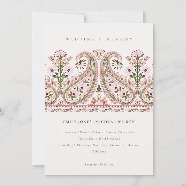 Invitation Élégant Pink Green Floral Paisley Motif Mariage (Devant)