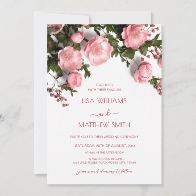 Invitation Elegant Pink Greenery 3D Roses Wedding (Devant)
