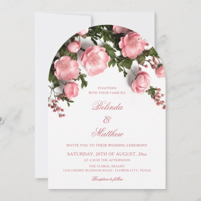 Invitation Elegant Pink Greenery 3D Roses Wedding (Devant)