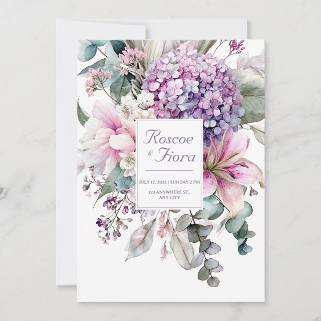 Invitation Elegant Pink Lily Purple Hydrangea Watercolor (Devant)