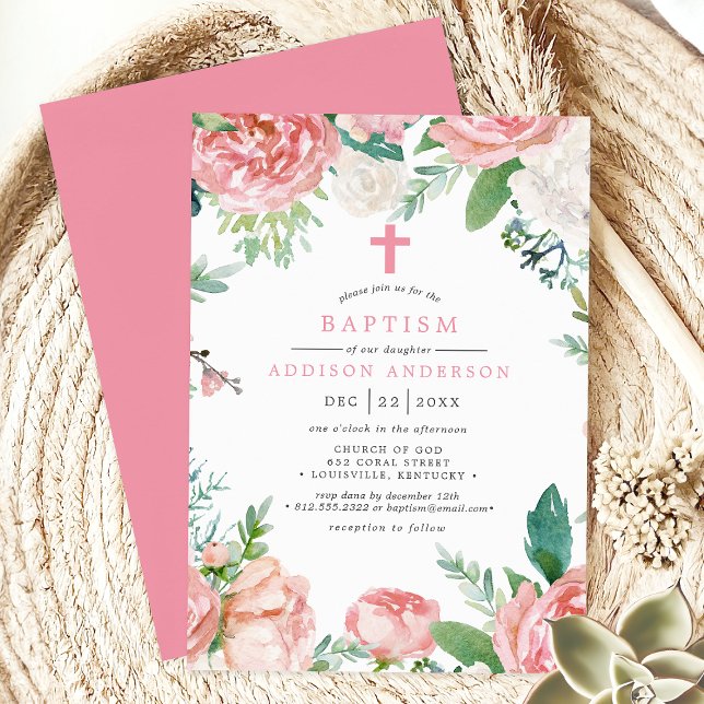Invitation Elégant Pink Peonies Cross Botanical Baptism (Créateur téléchargé)