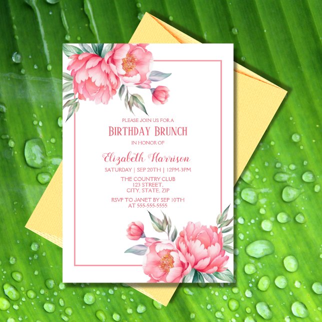Invitation Elégant Pink Peony Vert Anniversaire Brunch (Créateur téléchargé)
