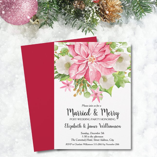 Invitation Elegant Pink Poinsettia Christmas Wedding Brunch (Elegant Pink Poinsettia Christmas Married & Merry Post-Wedding Brunch Invitations)