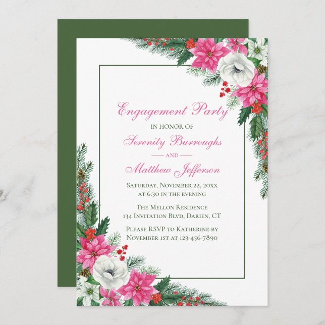 Invitation Élégant Pink Poinsettia Noël (Devant / Derrière)