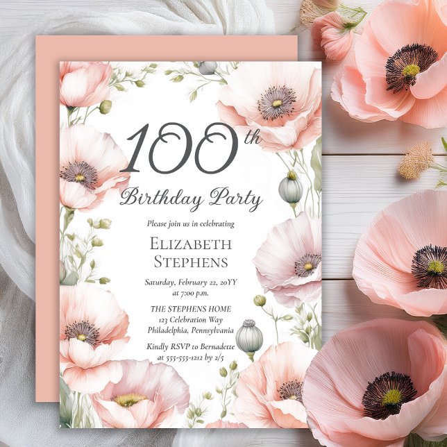 Invitation Elegant Pink Poppies Floral 100th Birthday Party (Boho Elegant Pale Pink Poppies Floral 100th Birthday Party Invitation - Print | Digital Download)