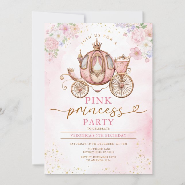 Invitation Elegant Pink Princess Birthday Carriage Flowers (Devant)