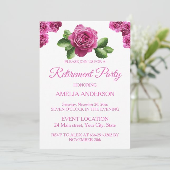 Invitation Elegant Pink Roses Floral retirement party  (Debout devant)