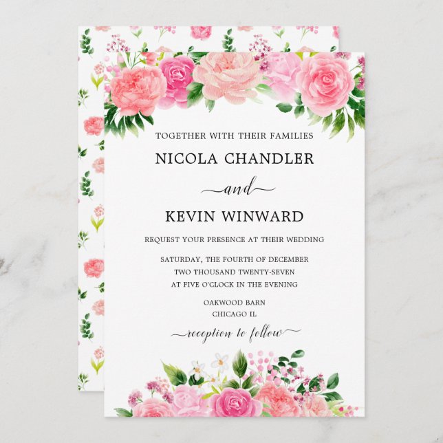 Invitation Elegant Pink Roses Floral Wedding (Devant / Derrière)