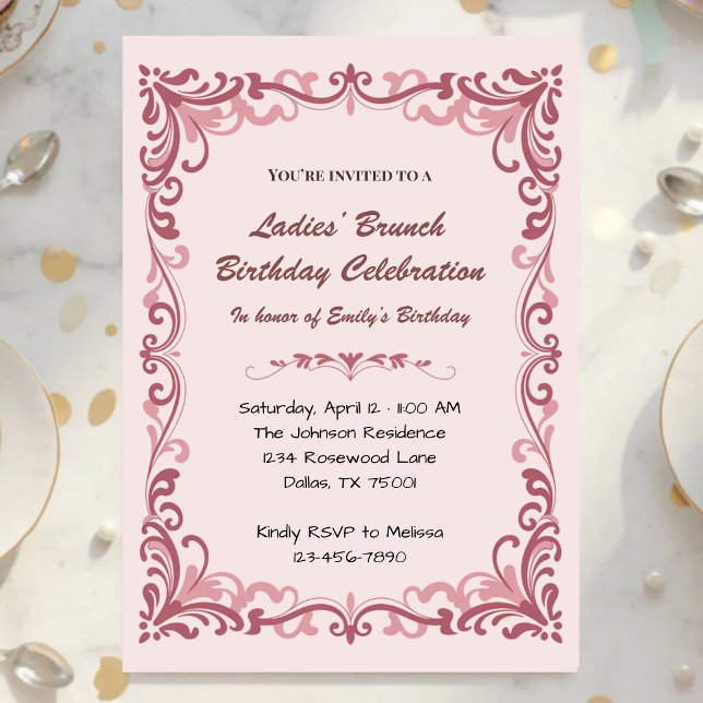 Invitation Elegant Pink Scroll Ladies’ Tea Birthday Party (Créateur téléchargé)