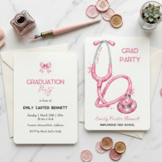 Invitation Elegant Pink Stethoscope Nurse Doctor Graduation