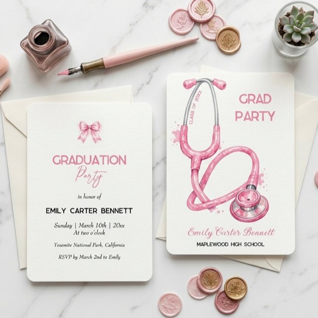 Invitation Elegant Pink Stethoscope Nurse Doctor Graduation (Créateur téléchargé)