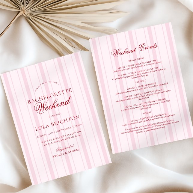 Invitation Elegant Pink Stripe Bachelorette Weekend Itinerary (Créateur téléchargé)
