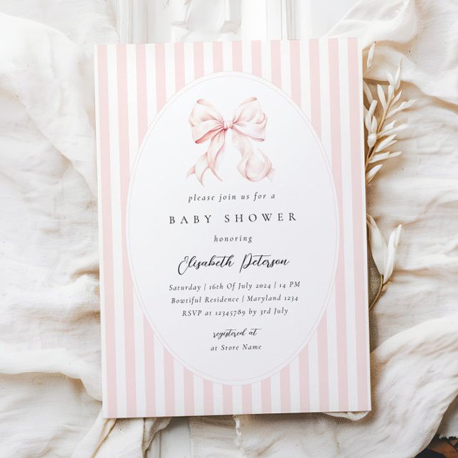 Invitation Elegant Pink Stripes Bow Baby Shower Baby Shower (Créateur téléchargé)