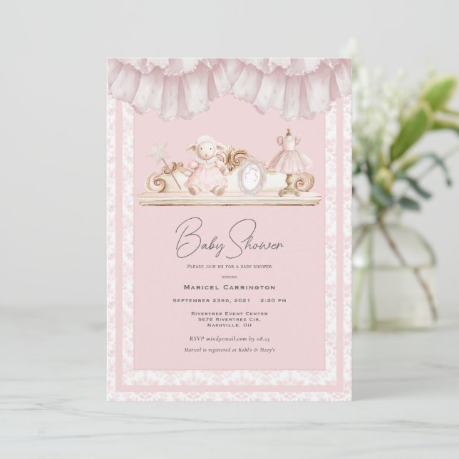 Invitation Elegant Pink Toile Vintage Whimsical Baby Shower (Debout devant)