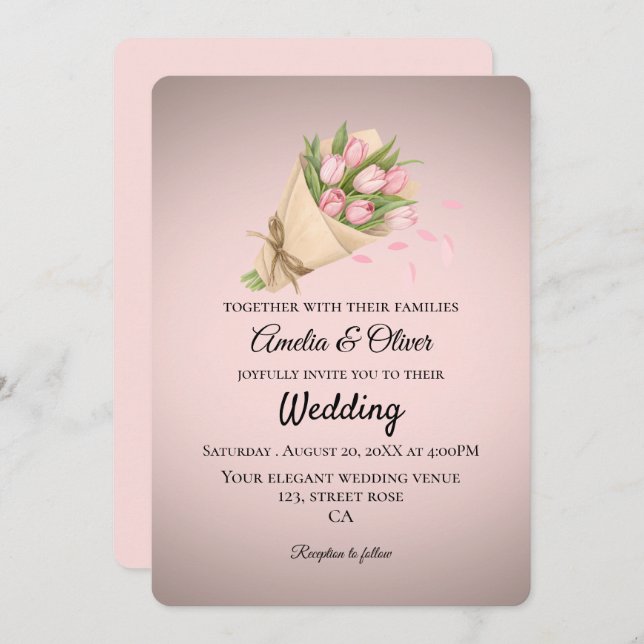 Invitation Elegant Pink Tulips Bouquet Wedding (Devant / Derrière)