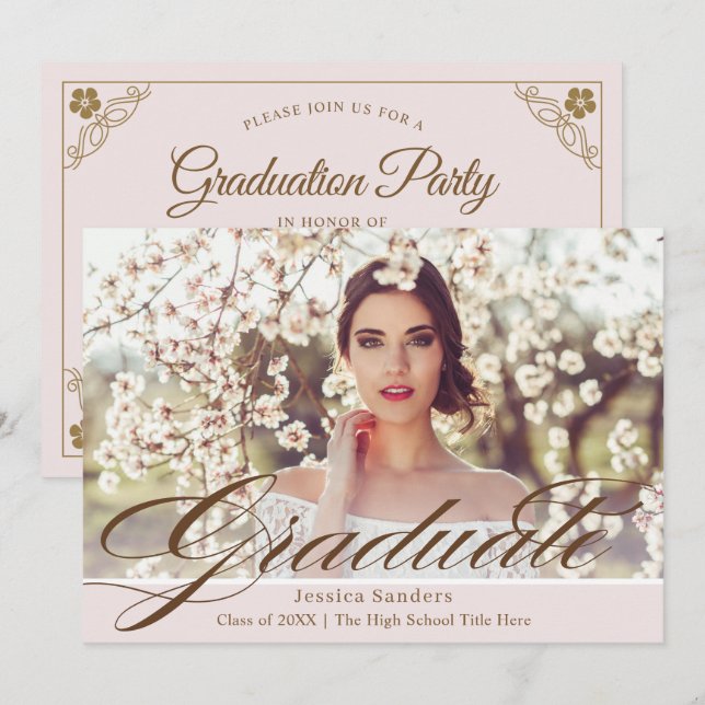 Invitation Élégant Pink Vintage Script Photo Graduation Party (Devant / Derrière)