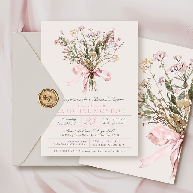 Invitation Elegant Pink Watercolor Bow Floral Bridal Shower (Elegant pink watercolor wildflower floral bouquet and bow vintage botanical bridal shower invitation)