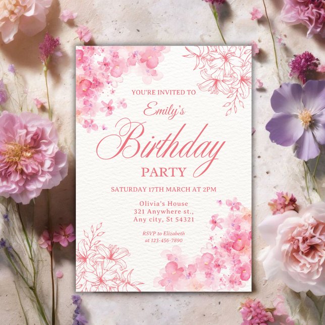 Invitation Elegant Pink Watercolor Floral Birthday Party (Créateur téléchargé)