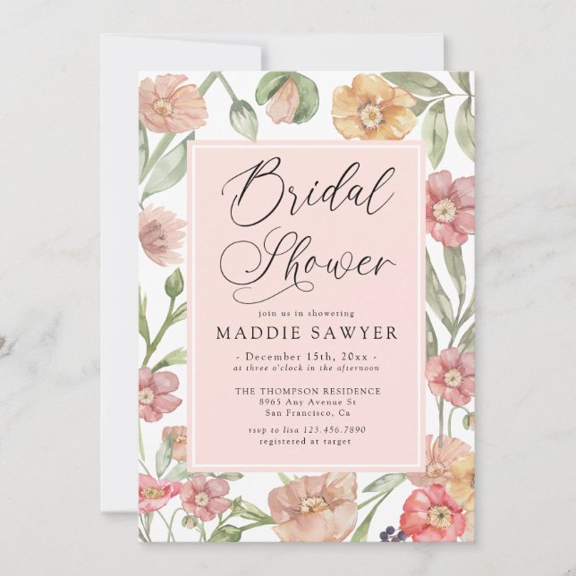 Invitation Elegant Pink Watercolor Floral Bridal Shower (Devant)