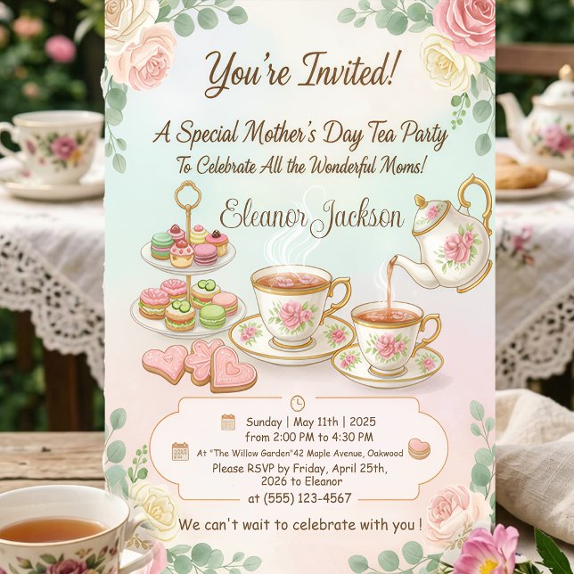 Invitation Elegant Pink Watercolor Mother's Day Tea Party (Créateur téléchargé)