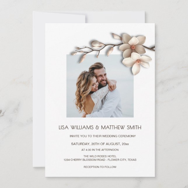 Invitation Elegant Pink White 3D Roses Wedding (Devant)