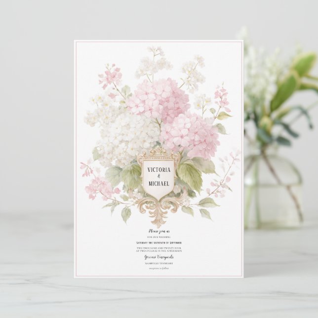 Invitation Elegant Pink & White Hydrangeas Gold Wedding (Debout devant)