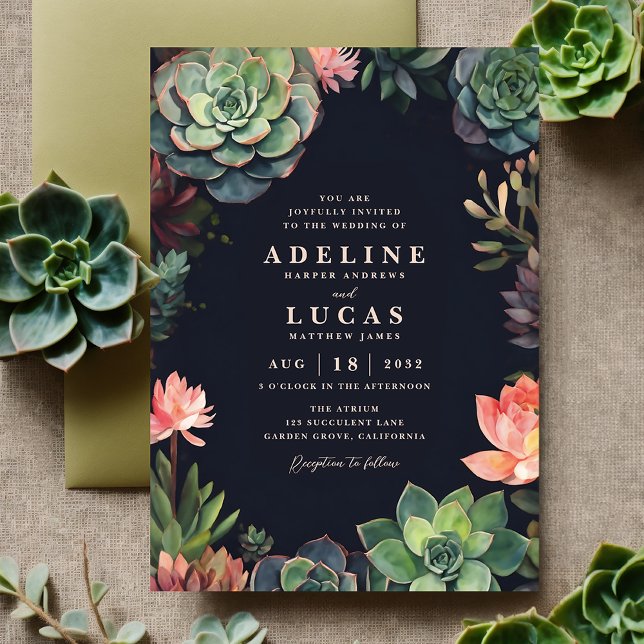 Invitation Élégant Plante sombres Botanique Succulent Mariage (Dark botanical succulent plant boho wedding invitation suite, moody black, green and peach invite)