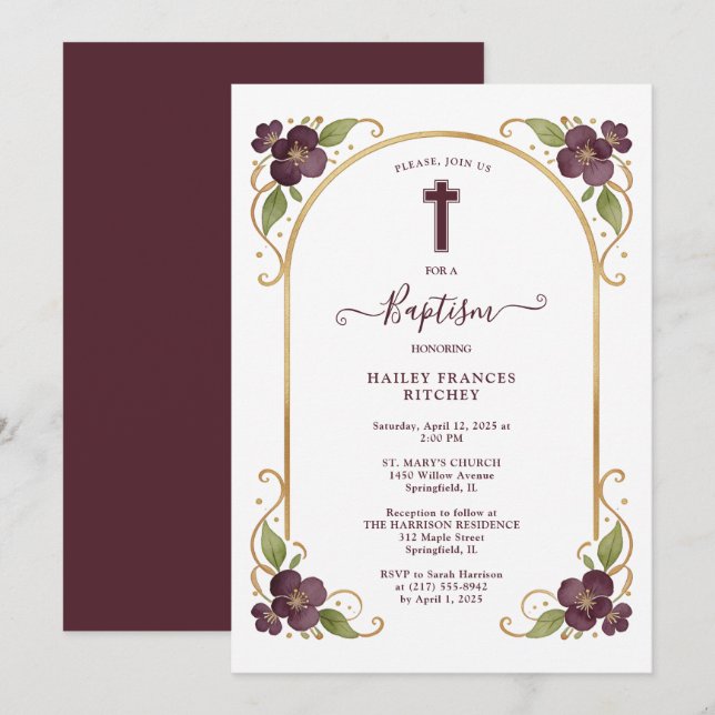 Invitation Elegant Plum Floral Gold Arch Baptism Celebration  (Devant / Derrière)