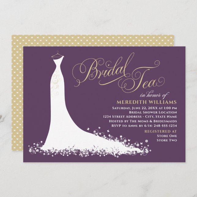 Invitation Elégant Plum Gold Mariage Gown Bridal Tea Douche (Devant / Derrière)