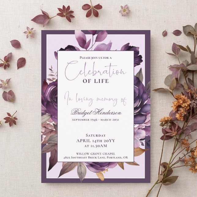 Invitation Élégant Plum Pourpre Floral Funérailles (Créateur téléchargé)