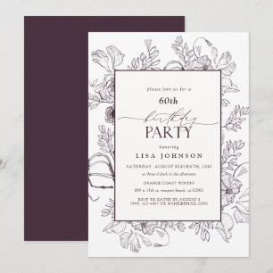 Invitation Élégant Plum Purple 60e anniversaire Floral Line A