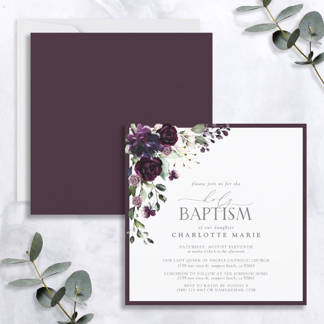 Invitation Elégant Plum Purple Aquarelle Floral Baby Baptism (Créateur téléchargé)