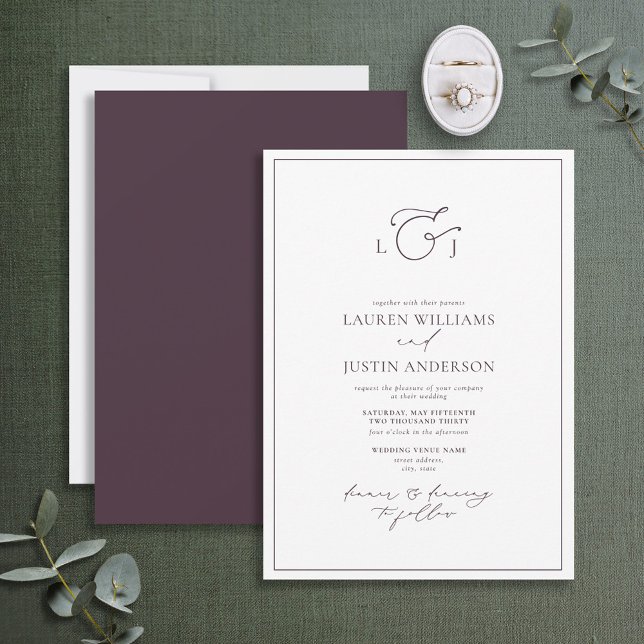Invitation Elegant Plum Purple Calligraphy Monogram Wedding (Créateur téléchargé)