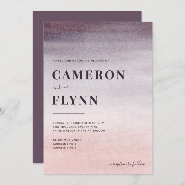 Invitation Elégant Plum rose Ombre Aquarelle Mariage moderne (Devant / Derrière)