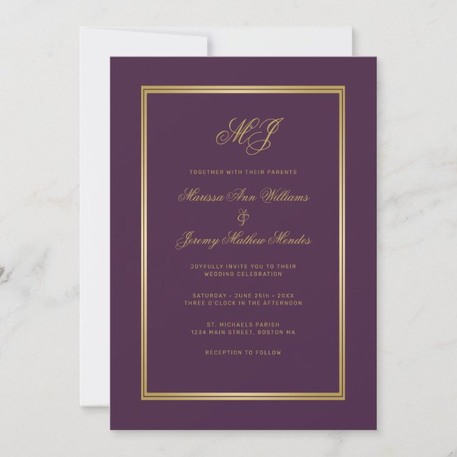 Invitation Élégant Plum violet or Script Monogramme Mariage (Devant)