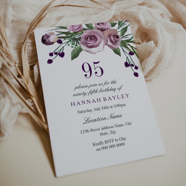 Invitation Élégant Plum violet Rose 95e anniversaire Invitati (Créateur téléchargé)