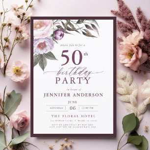 Invitation Élégant Plum violet Script floral 50e anniversaire