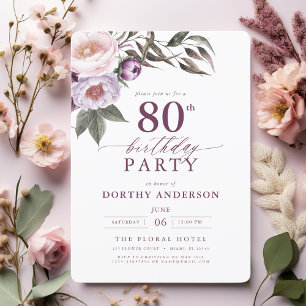 Invitation Élégant Plum violet Script floral 80e anniversaire