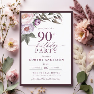 Invitation Élégant Plum violet Script floral 90e anniversaire