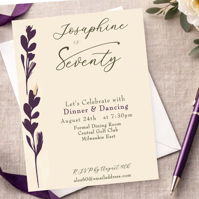 Invitation  Elegant Plum Watercolor Botanical 70th Birthday (Créateur téléchargé)