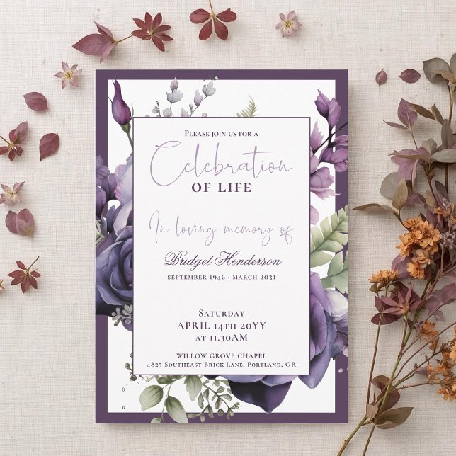 Invitation Élégant Plumet Violet Floral Funérailles (Créateur téléchargé)