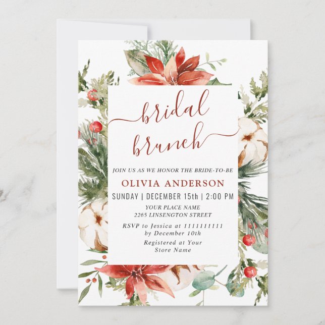 Invitation Elégant Poinsettia Aquarelle Rouge Brunch nuptial (Devant)