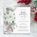 Invitation Elégant Poinsettia Florale Décembre 40e Anniversai<br><div class="desc">Avec toutes les vibrations festives de la saison de Noël, cette fête d'hiver à thème 40ème anniversaire de conception présente un magnifique bouquet en cascade de poinsettias d'aquarelle blanche et des éléments floraux rouges et verts sur un arrière - plan blanc propre. Vous pouvez modifier l'âge à n'importe quel âge...</div>