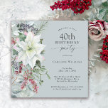Invitation Elégant Poinsettia Florale Décembre 40e Anniversai<br><div class="desc">Avec toutes les vibrations festives de la saison de Noël, cette fête d'hiver à thème 40ème anniversaire de conception présente un magnifique bouquet en cascade de poinsettias d'aquarelle blanche et des éléments floraux rouges et verts sur un arrière - plan bleu poussiéreux. Vous pouvez modifier l'âge à n'importe quel âge...</div>